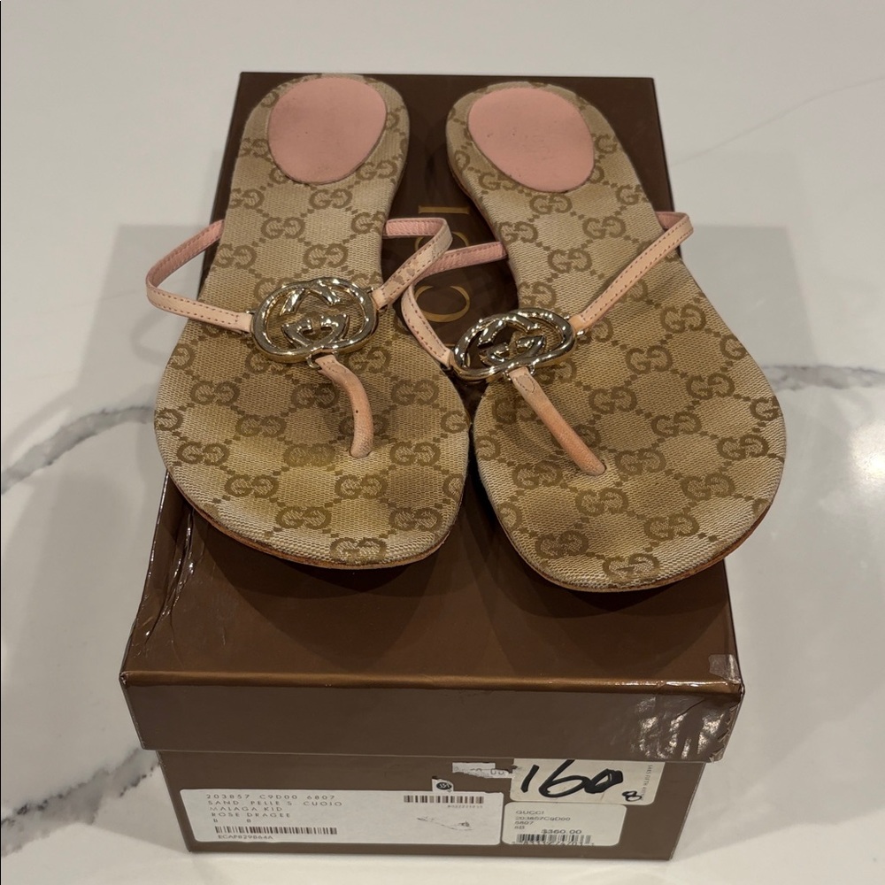 Gucci Beige GG Canvas Sandals with Pink Straps and Gold Logo
